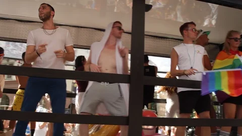 Young men dancing on float - Euro Pride parade in Stockholm 2018 Stock Footage 93295958