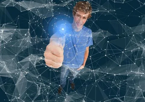 Young men on dark blue background, with connections. fingerprint scane 写真素材
