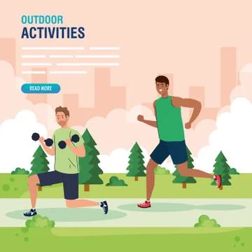 Young men doing exercises outdoor, sport recreation exercise Stock Illustration