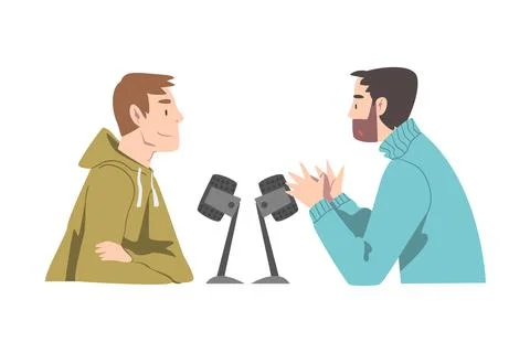 Young Men Doing Live Audio Podcast with Microphone, Radio Host Communicating Illustrazione stock