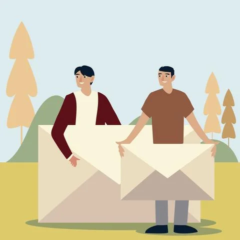Young men with envelope mail message outdoors Stock Illustration