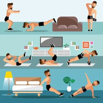 Young men exercise at home Stock Illustration