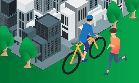 Young men exercise running and cycling Stock Illustration