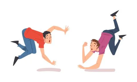 Young men falling down set. Stumbling and slipping people, pain and injury Stock Illustration