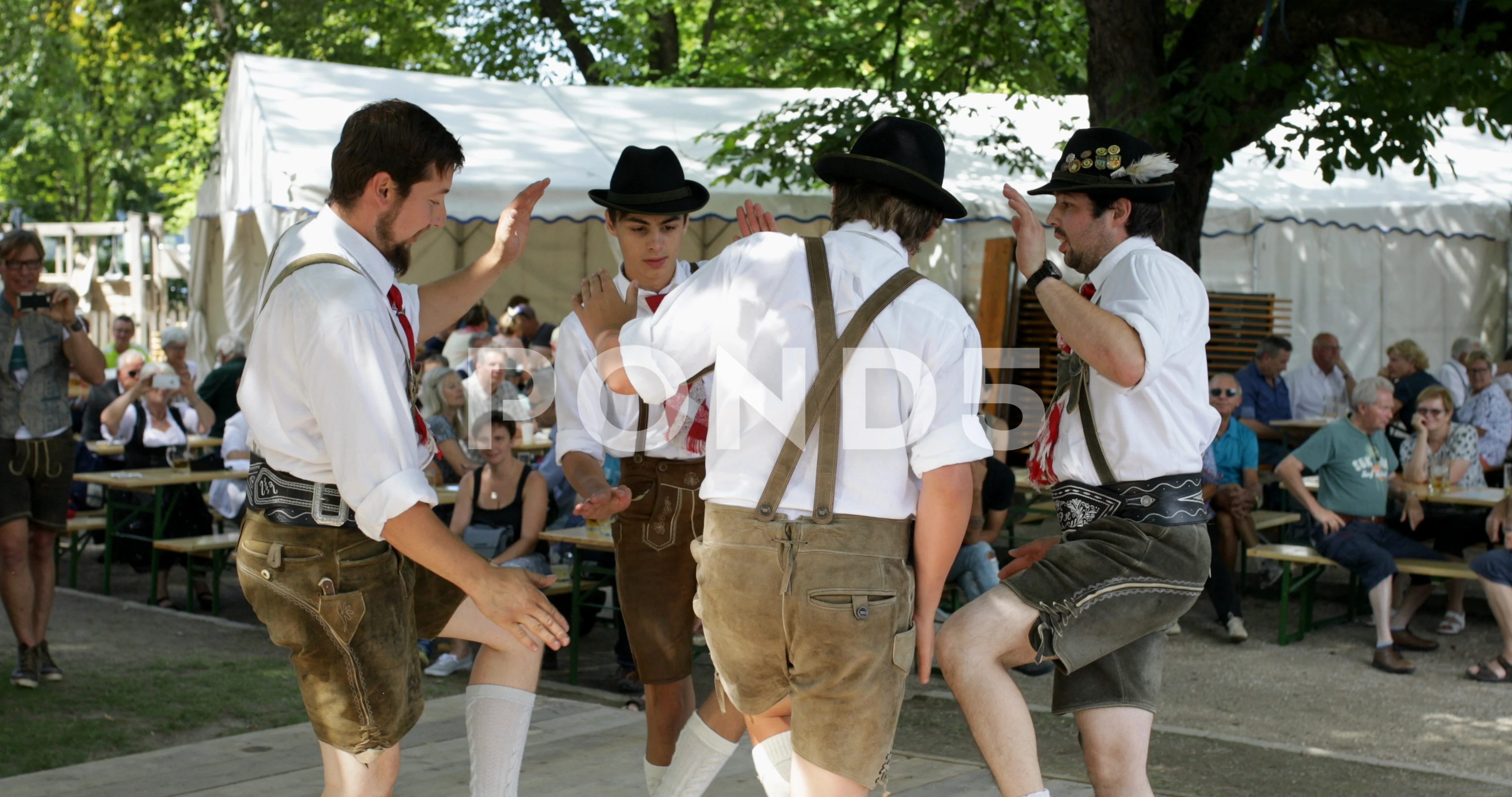 Young men folk dancing in Tiroler folklore costumes, Austria