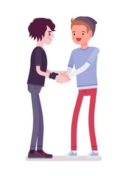 Young men handshaking with both hands Stock Illustration