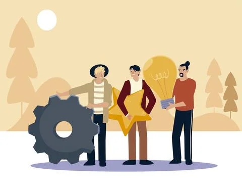 Young men holding objects gear star and light bulb Stock Illustration