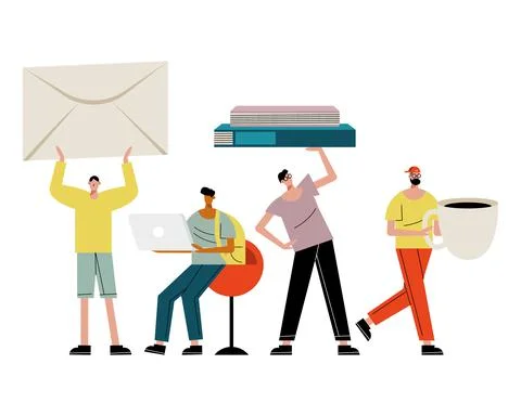 Young men lifting objects characters Illustrazione stock