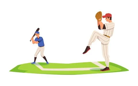 Young men playing baseball, pitcher throwing ball to batter, flat vector Stock Illustration
