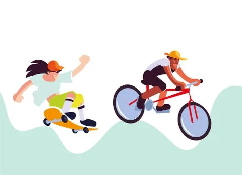 Young men practicing bicycle and skateboard sport イラスト素材