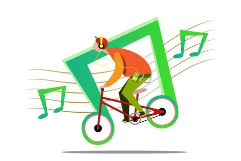 Young men riding exercise bikes in the city He also plays music through Stock Illustration
