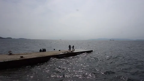 Young men by the sea Vídeo Stock 76999385