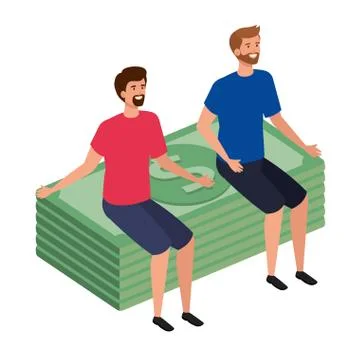 Young men sitting in stack bills finance Stock Illustration