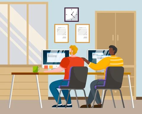 Young men sitting at a table working on the computers together in office Stock Illustration