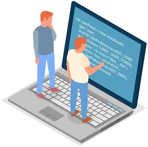 Young men standing on computer and working with laptop in social networks Illustrazione stock