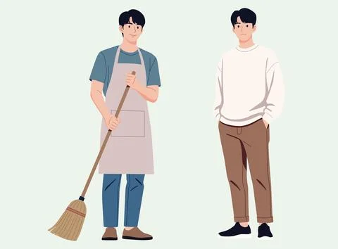 Young men standing wears apron and hold a broom, ready to clean and casuall.. Stock Illustration