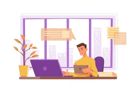 Young men using digital tablet and laptop in office Illustrazione stock