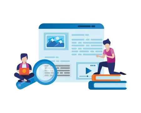Young men using laptop and social media icons Illustrazione stock