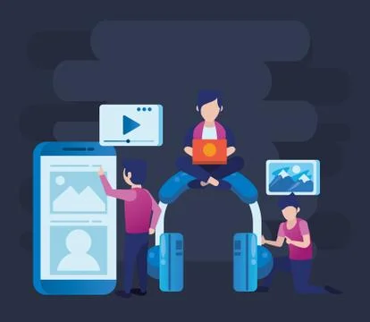 Young men using laptop and social media icons 스톡 일러스트
