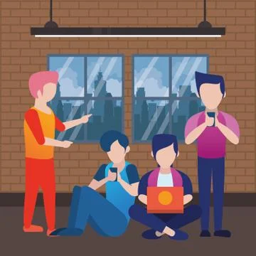 Young men using laptop and smartphone イラスト素材