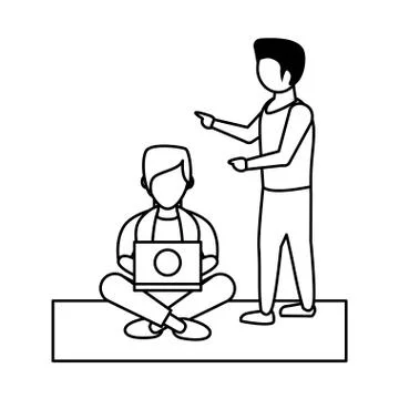 Young men using laptop avatars characters Illustrazione stock