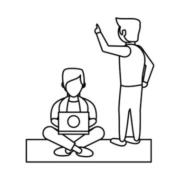 Young men using laptop avatars characters Illustrazione stock