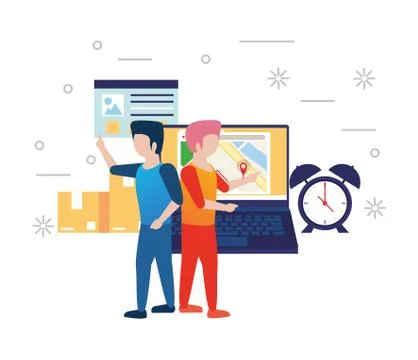 Young men using laptop avatars characters Illustrazione stock