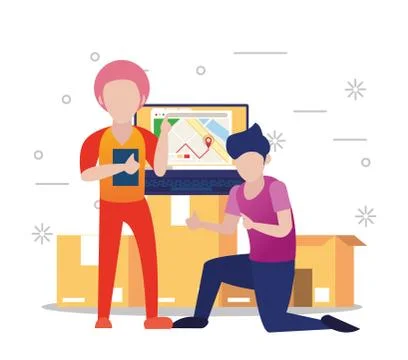 Young men using laptop avatars characters イラスト素材