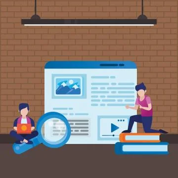 Young men using laptop with web template Illustrazione stock