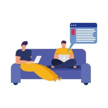Young men using laptops in sofa connecting technology character イラスト素材