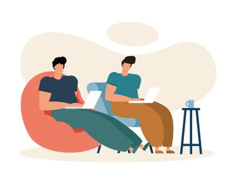 Young men using laptops working in the livingroom イラスト素材