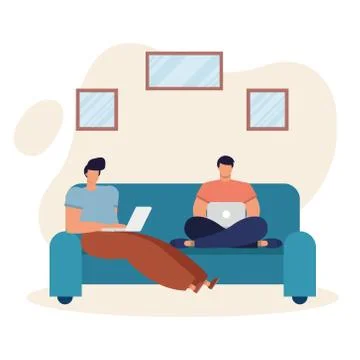 Young men using laptops working in the livingroom Stock Illustration