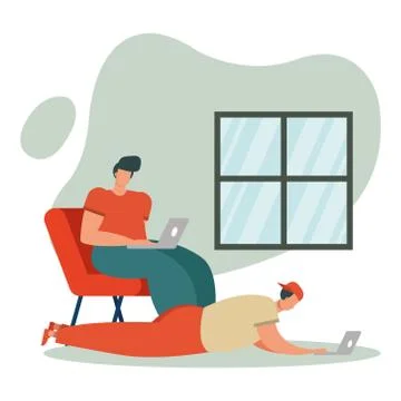 Young men using laptops working in the livingroom 스톡 일러스트