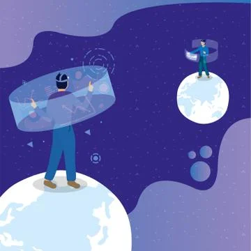 Young men using reality virtual tech with interactive display Stock Illustration