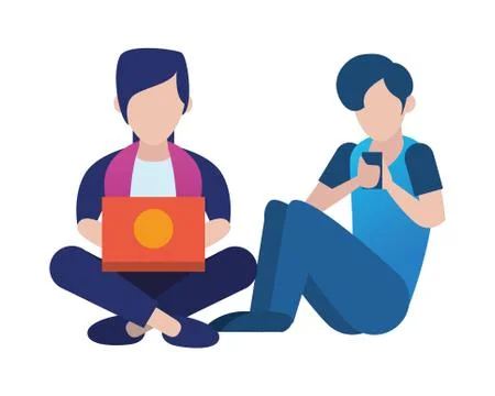 Young men using smartphone and laptop 스톡 일러스트