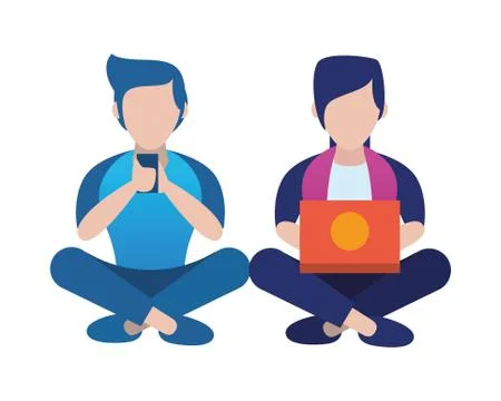 Young men using smartphone and laptop 스톡 일러스트