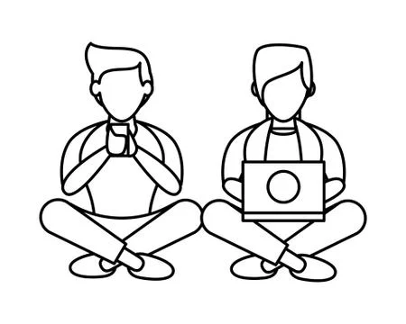 Young men using smartphone and laptop Illustrazione stock