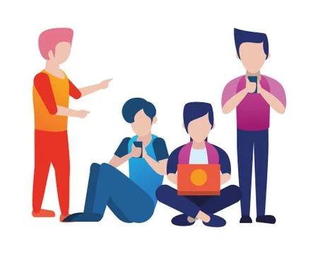 Young men using smartphone and laptop Illustrazione stock