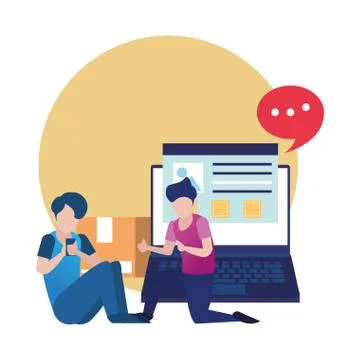 Young men using smartphone and laptop 스톡 일러스트