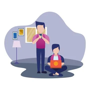 Young men using smartphone and laptop Illustrazione stock