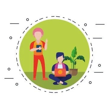 Young men using smartphone and laptop Illustrazione stock