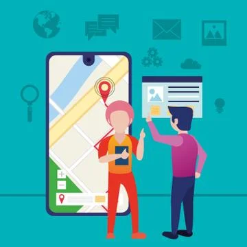 Young men using smartphone with gps application 스톡 일러스트