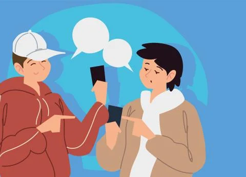 Young men using smartphones speech bubble and chatting Stock Illustration