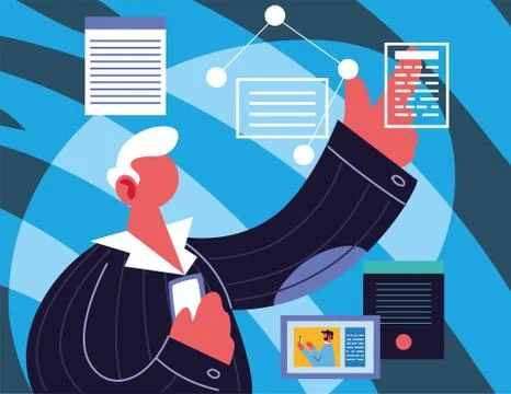 Young men using technological gadgets Illustrazione stock