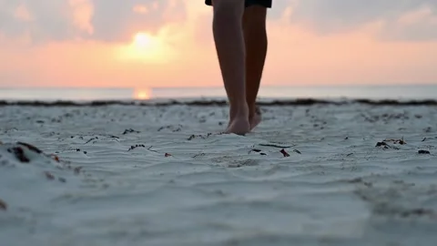 Young men walking barefoot on a sandy beach on the ocean, in the morning at Stock Footage 242468552