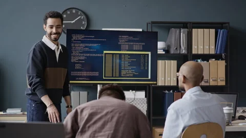 Young Middle Eastern Programmer Presenting Code to Colleagues in IT Office Stock-Footage 337479116