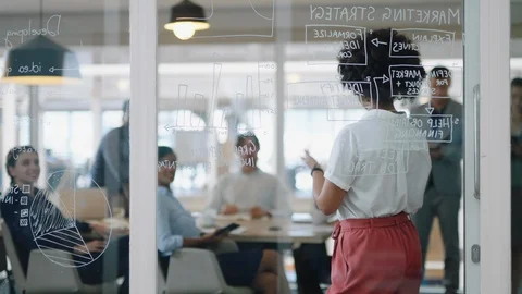 Young mixed race business woman writing on glass whiteboard team leader training Stock Footage