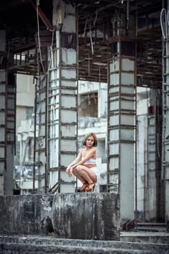 Young model posing in the ruined building Stock Photos