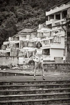 Young model posing in the ruined building Stock Photos
