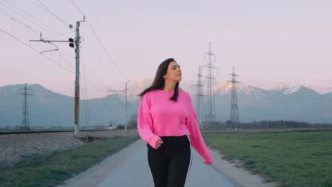 Young Model Walking by the Fields Stock Footage 129521994